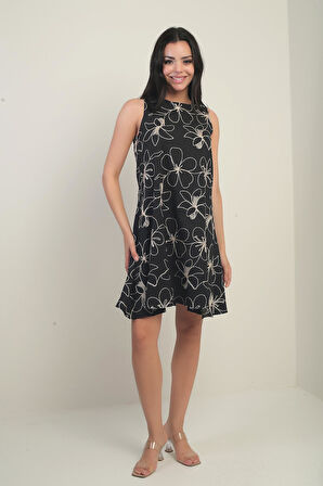 Kadın Yuvarlak Yaka Çiçek Desenli Kordeneli Kısa Elbise