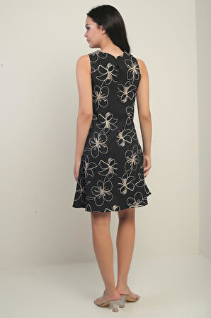 Kadın Yuvarlak Yaka Çiçek Desenli Kordeneli Kısa Elbise