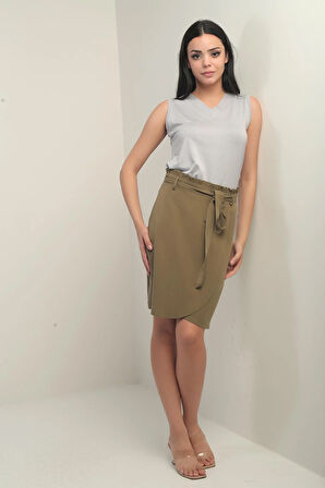 Kadın Beli Kuşaklı Kruvaze Lyocell Kısa Etek