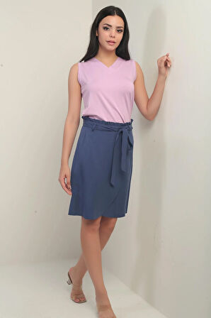 Kadın Beli Kuşaklı Kruvaze Lyocell Kısa Etek