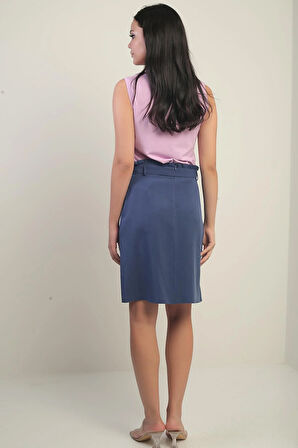 Kadın Beli Kuşaklı Kruvaze Lyocell Kısa Etek