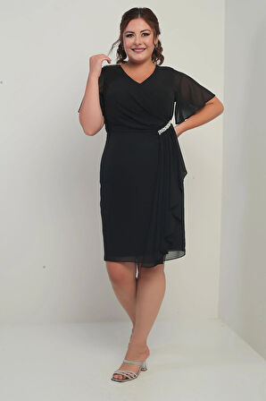 Kadın Omuz Ve Bel Kristal Taşlı Astarlı Mendilli Büyük Beden Şifon Elbise