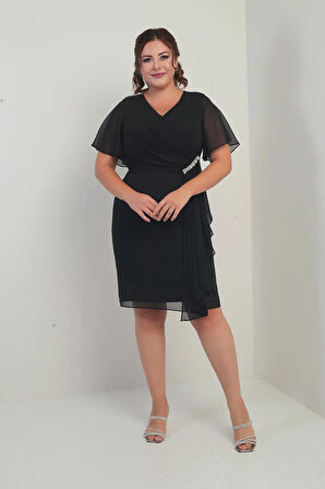 Kadın Omuz Ve Bel Kristal Taşlı Astarlı Mendilli Büyük Beden Şifon Elbise