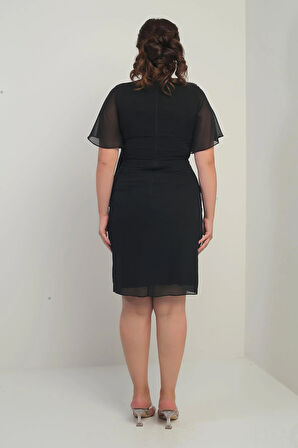 Kadın Omuz Ve Bel Kristal Taşlı Astarlı Mendilli Büyük Beden Şifon Elbise