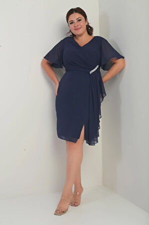 Kadın Omuz Ve Bel Kristal Taşlı Astarlı Mendilli Büyük Beden Şifon Elbise