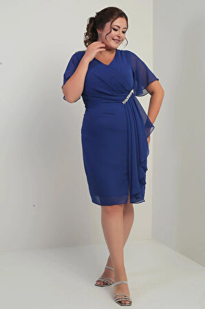 Kadın Omuz Ve Bel Kristal Taşlı Astarlı Mendilli Büyük Beden Şifon Elbise