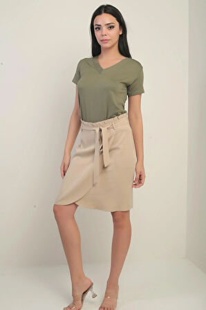 Kadın Beli Kuşaklı Kruvaze Lyocell Kısa Etek