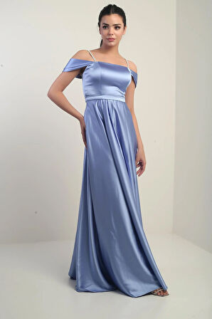 Askılı Taş Detaylı Kare Yaka Astarlı Uzun Saten Elbise