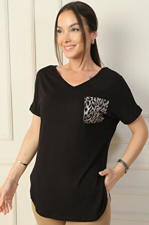 Kadın Ön Arka V Yaka Sırt Leopar Garnili Cepli Likralı Bluz