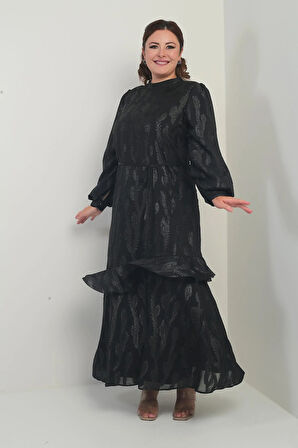 Kadın Beli İpli Astarlı Baskılı Fırfırlı Büyük Beden ŞifonTesettür Elbise