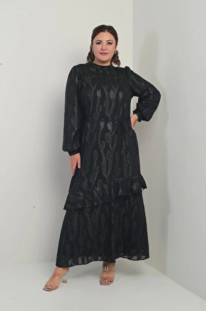 Kadın Beli İpli Astarlı Baskılı Fırfırlı Büyük Beden ŞifonTesettür Elbise