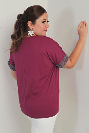 Kadın Yaka Ve Kol Ucu Simli File Detaylı Büyük Beden Bluz