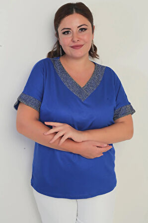 Kadın Yaka Ve Kol Ucu Simli File Detaylı Büyük Beden Bluz