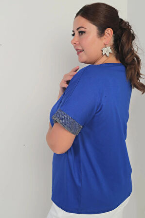 Kadın Yaka Ve Kol Ucu Simli File Detaylı Büyük Beden Bluz