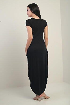 Kadın Yuvarlak Yaka Cepli Likralı Şalvar Elbise