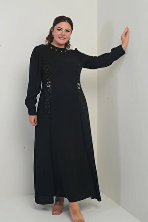 Kadın Taş-Boncuk Baskılı Büyük Beden Tesettür Uzun Elbise