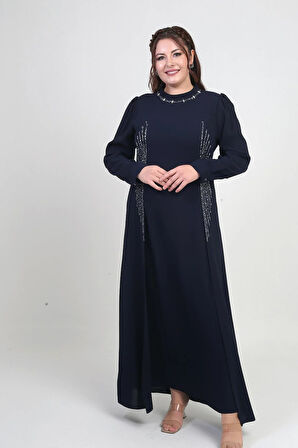 Kadın Taş-Boncuk Baskılı Büyük Beden Tesettür Uzun Elbise