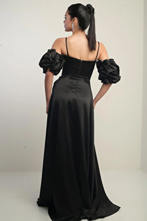 Kadın İnce Askılı Astarlı Takma Kollu Cepli Uzun Saten Elbise