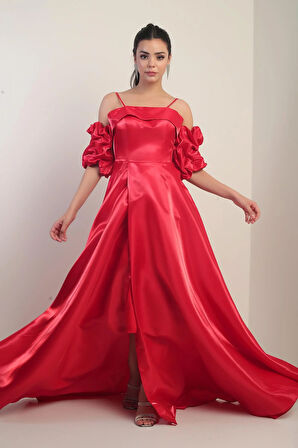 Kadın İnce Askılı Astarlı Takma Kollu Cepli Uzun Saten Elbise