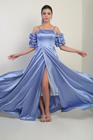 Kadın İnce Askılı Astarlı Takma Kollu Cepli Uzun Saten Elbise