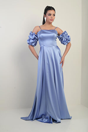 Kadın İnce Askılı Astarlı Takma Kollu Cepli Uzun Saten Elbise