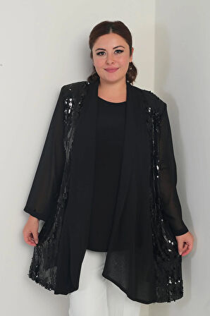 Kadın Yuvarlak Yaka Likralı Bluz Pulpayet Şifon Ceket Büyük Beden 2'li Takım