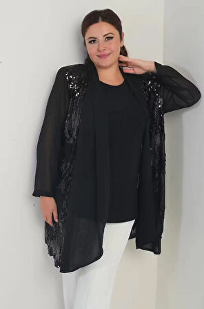 Kadın Yuvarlak Yaka Likralı Bluz Pulpayet Şifon Ceket Büyük Beden 2'li Takım