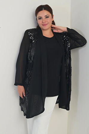 Kadın Yuvarlak Yaka Likralı Bluz Pulpayet Şifon Ceket Büyük Beden 2'li Takım