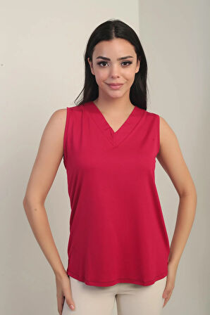 Kadın V Yaka Kolsuz Likralı Bluz