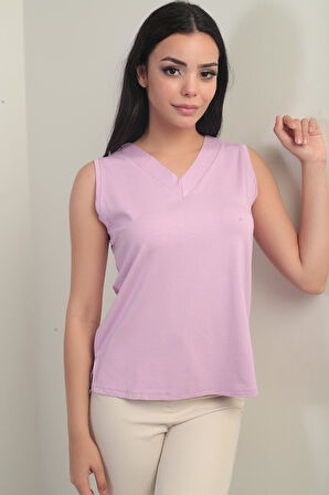 Kadın V Yaka Kolsuz Likralı Bluz