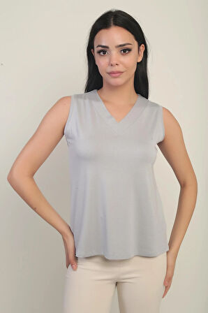 Kadın V Yaka Kolsuz Likralı Bluz