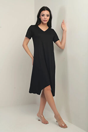 Kadın V Yaka Arkası Melek Kanatlı Zincir Detaylı Asimetrik Midi Elbise