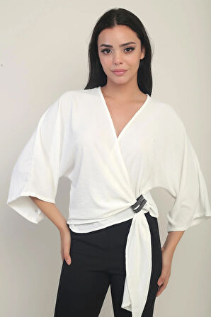 Kadın Kruvaze Yaka Kısa Ayrobin Bluz