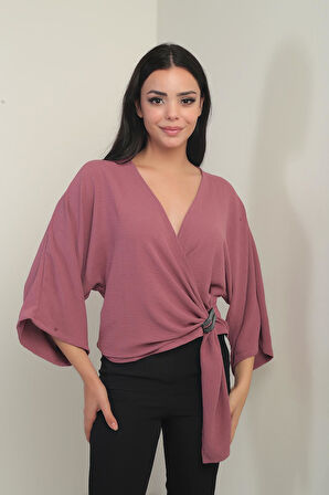 Kadın Kruvaze Yaka Kısa Ayrobin Bluz