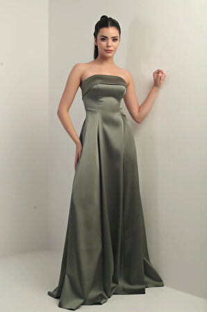 Kadın Straplez Astarlı Cepli Uzun Saten Abiye Elbise