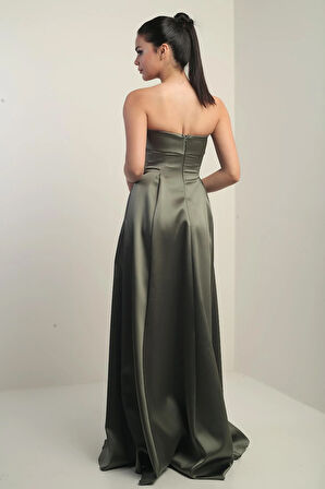 Kadın Straplez Astarlı Cepli Uzun Saten Abiye Elbise