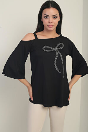 Kadın Tek Omuzlu Fiyonk Taş Baskılı Likralı Bluz