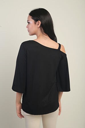 Kadın Tek Omuzlu Fiyonk Taş Baskılı Likralı Bluz