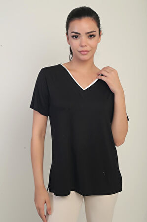 Kadın Beyaz Biyeli V Yaka Likralı Bluz