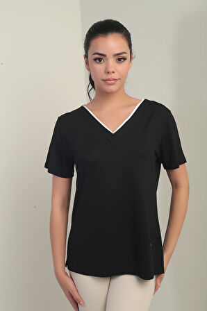 Kadın Beyaz Biyeli V Yaka Likralı Bluz