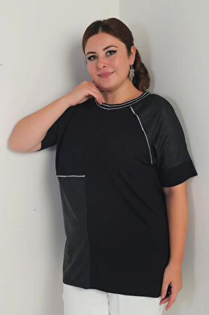 Kadın Deri Garnili Sim Detaylı Likralı Büyük Beden Bluz