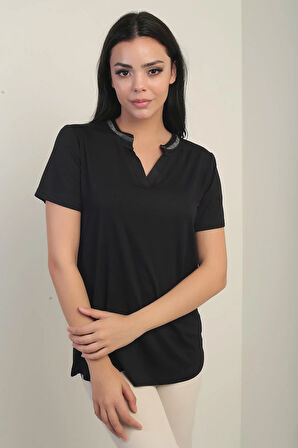 Kadın Yakası Taş Detaylı Likralı Bluz