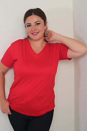 Kadın V Yaka Likralı Büyük Beden Bluz