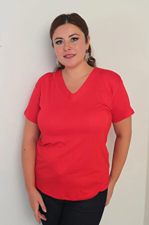 Kadın V Yaka Likralı Büyük Beden Bluz
