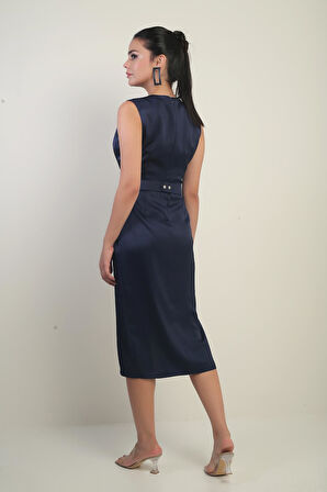 Kadın Kruvaze Yaka Önü Pileli Beli Kemerli Krep Saten Elbise