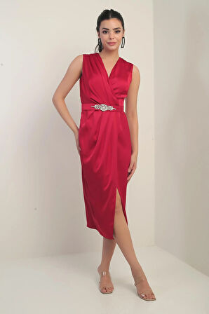 Kadın Kruvaze Yaka Önü Pileli Beli Kemerli Krep Saten Elbise