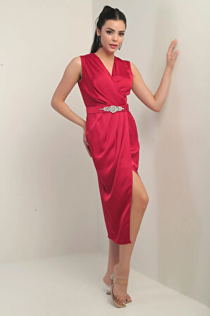 Kadın Kruvaze Yaka Önü Pileli Beli Kemerli Krep Saten Elbise