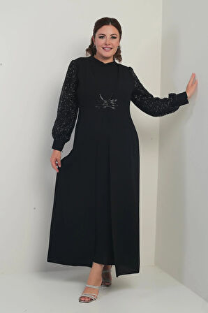 Kadın Kolu Ve Önü Pullu Büyük Beden Uzun Tesettür Elbise