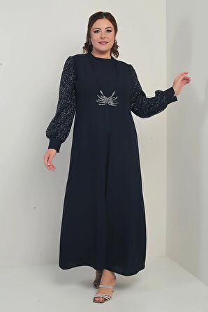 Kadın Kolu Ve Önü Pullu Büyük Beden Uzun Tesettür Elbise