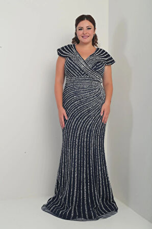 Kadın Ön Arka V Yaka Taş Baskılı Astarlı Büyük Beden Balık Elbise